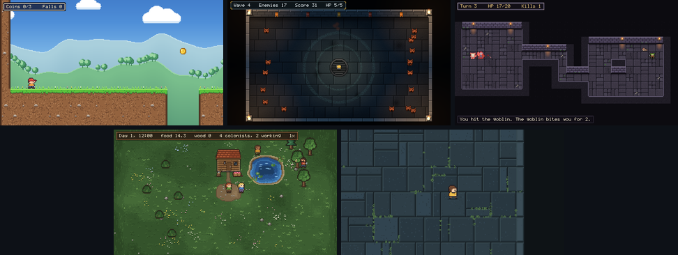 The five templates side by side: a platformer, an arena, a roguelike dungeon, a colony and a blank room.